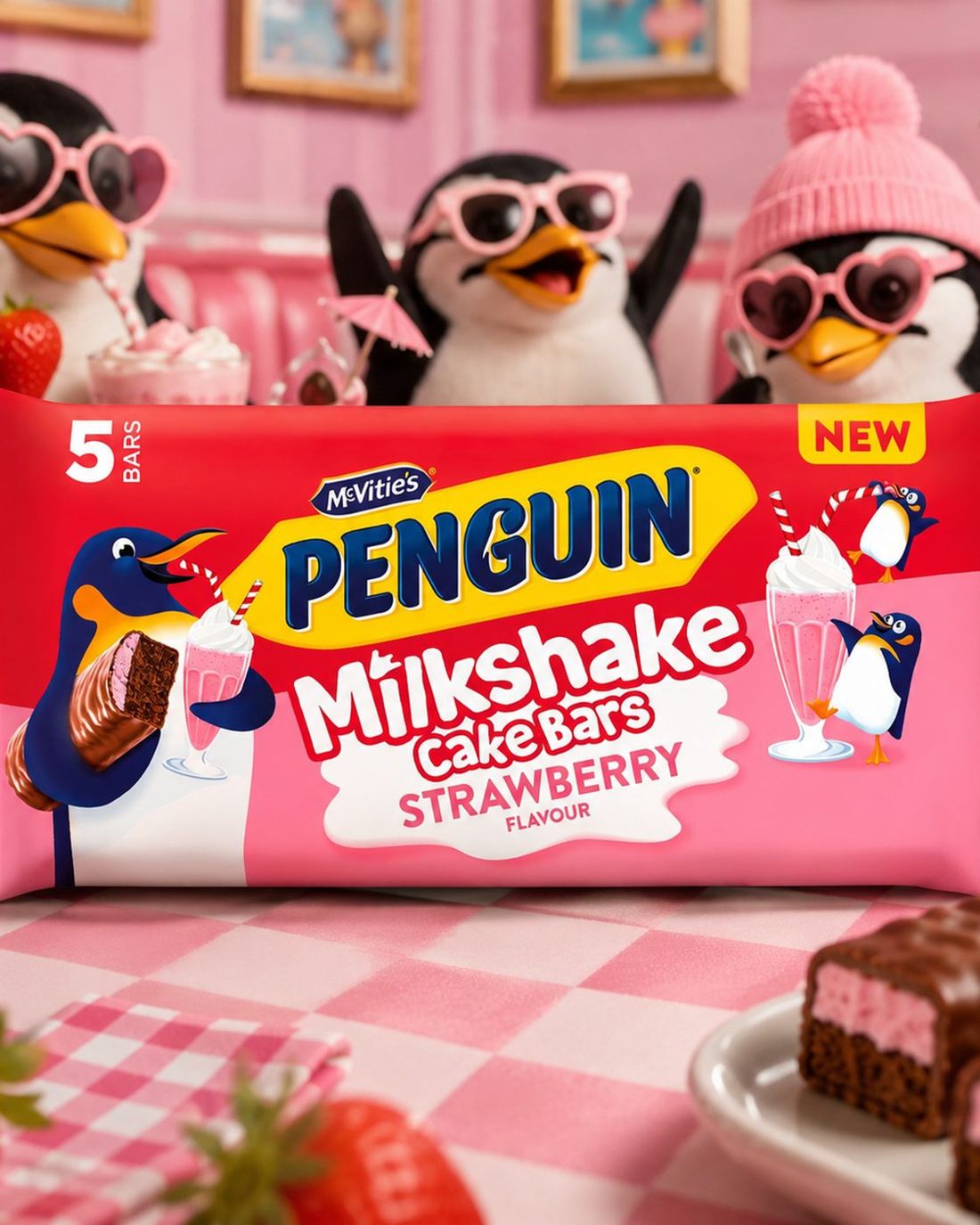 McVitie's Penguin Milkshake Cake Bars 5 Strawberry Flavour Snacks 122 g